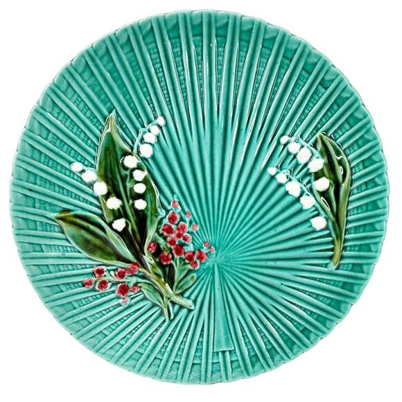 vintage German Majolica green Lily of the Valley 11.5" round Platter plate - Picture 2 of 10
